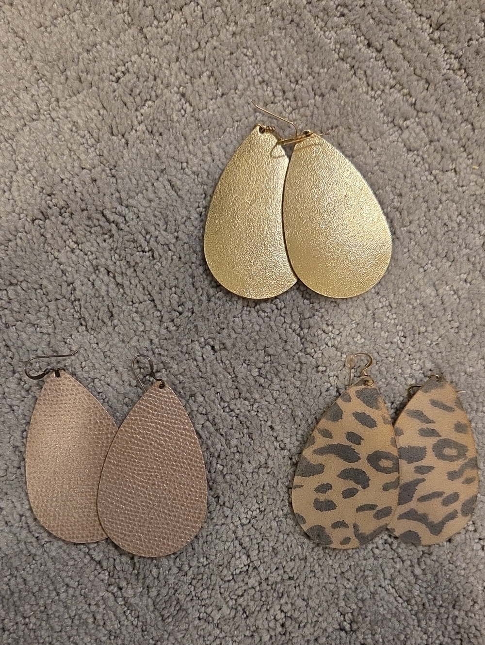 Trio of Teardrop Earrings — Gold, Rose Gold, and Leopard Tan